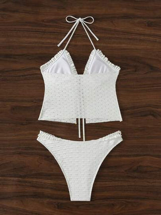 طقم تانكيني حريمي Swim Mod مجموعة ملابس سباحة نسائية بتصميم هولو مطرز بكشكشة، توب كامي، للصيف والشاطئ