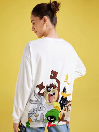 LOONEY TUNES X تيشيرت أبيض فضفاض طويل الأكمام بطبعة حرفية كرتونية ، ربيعي وخريفي ، لوقت الفراغ