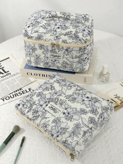 1 حقيبة كبيرة مزينة بنقوش زهور كبيرة باللون الأزرق الغامق، حقيبة مستحضرات التجميل ذات سعة كبيرة وأناقة كاجوال، حقيبة سفر مناسبة للمستلزمات الصحية والمكياج والأجهزة الإلكترونية والمستحضرات والهدايا للأم والنساء والممرضات والطالبات، ديكور المنزل