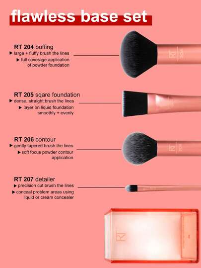 Real Techniques طقم فرش أساس بلا عيب من قاعدة خالية من العيوب بتقنية حقيقية، مع شعيرات اصطناعية فاخرة مقصوصة خصيصًا وأسطوانات ألومنيوم ممتدة لبناء تغطية لجميع احتياجات تطبيق المكياج