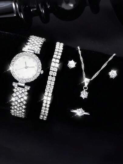 6 قطع/مجموعة ساعة يد كريستالية من سبيكة الزنك والقرص الدائري بميكانيزم كوارتز، مناسبة للحياة اليومية والمجوهرات