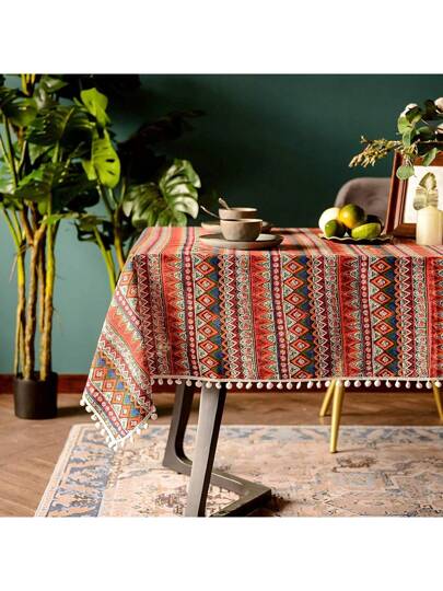 قطعة واحدة منديل المائدة مستطيل فضفاض مطرز بشراريب بوهيمية من الكتان الغير منتطر، تصميم بوهيمي للزينة على مناسب للمطبخ والمائدة