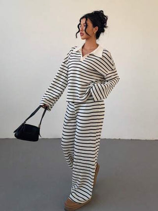 Siren Gaze مجموعة من طقمين نسائية مكونة من تي شيرت بياقة على شكل حرف V وأكمام منسدلة وبياقة مخملية، وبنطال بخصر مطاطي مخطط، بدلة قمصان الشتاء ذات المنسوجات الصوفية للخريف/الشتاء