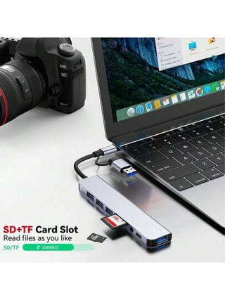 محور USBالمزدوج الطرض مع واجهات USB وTypeC, محور USB-C 8 منافذ، مع USB 3.0 ، USB 2.0 ، قارئ بطاقة Micro SD/TF ، ميكروفون/صوت، وواجهات أخرى ، مناسب لأجهزة USB-C للكمبيوتر المحمول وال- IMac وال- IPad Pro وأجهزة USB-C الأخرى