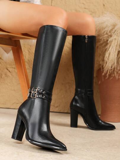 بوت طويلة للنساء ذوات المقاسات الكبيرة ذات كعب عالٍ وسحاب، أسلوب كاجوال وشارع، كعب سميك، بوت طويلة سوداء، بوت طويلة، بوت الكاحل، للخريف والشتاء