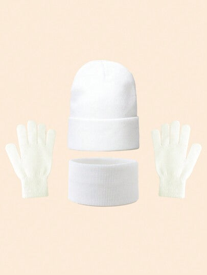 3 قطع طقم طفل قبعة صوف لون سادة + وشاح + قفازات (3 قطع)، قبعة تزلج غير جنسية، قبعة شتوية دافئة للارتداء اليومي بطراز Y2K للخارج مضادة للبرد