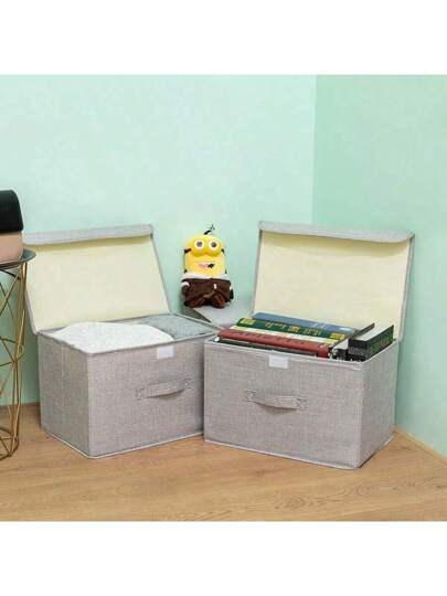 1 صندوق تخزين قابل للطي مصنوع من قماش الكتان القابل للغسل لتخزين الأقراص المضغوطة (سي دي)، وصناديق قابلة للطي لتنظيم الألعاب، مع غطاء، سلال للغسيل