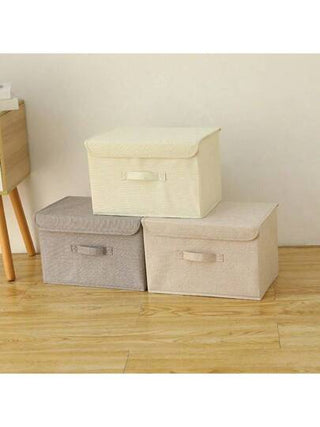 1 صندوق تخزين قابل للطي مصنوع من قماش الكتان القابل للغسل لتخزين الأقراص المضغوطة (سي دي)، وصناديق قابلة للطي لتنظيم الألعاب، مع غطاء، سلال للغسيل