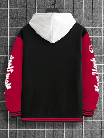 Manfinity Sporsity جاكيت رياضي كاجوال للرجال مطبوع عليه حرف بلون متباين، مناسب للخريف