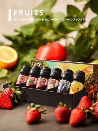 EMBRACEX. 6 حبة/1 مجموعة زيوت عطرية 10مل بنكهات الفاكهة هدية مجموعة زيوت عطرية للنساء للاستخدام في صناعة الشمع والصابون، ماركة هولاماي المتميزة - توت عليق كرز فراولة عنب أزرق مانجو تفاح