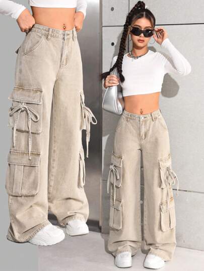 SHEIN بناطيل جينز فضفاضة واسعة الساق ذات جيوب وظيفية بخصر عالي باللون الخاكي ، أزياء الشارع الشتوية للمراهقات ، أطلالة عصرية متعددة الأغراض