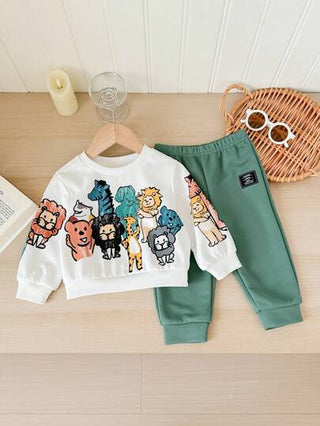 مجموعة من 2 قطعة، شورت وبلوزة كاجوال يومية ناعمة وجميلة بطبعة أشكال الحيوانات الملونة، بياقة دائرية. مناسب للأطفال الخروجات اليومية، وفصلي الخريف والشتاء