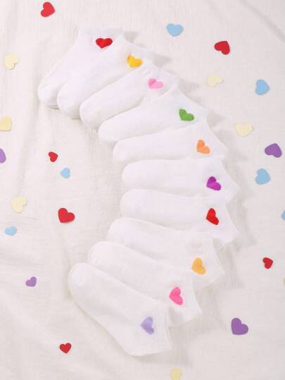 10 أزواج من الجوارب البيضاء بطبعة قلوب الحب للأطفال الصغار, جوارب ممتدة جذابة للأولاد والبنات, جوارب رياضة للأطفال بنقشة قلوب جذابة بألوان صلبة مريحة لاستخدام يومي