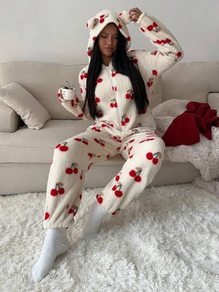 EZwear جمبسوت نسائية مزخرفة برسم كرز فرّاء جذاب، مناسبة للاستخدام المنزلي
