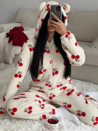 EZwear جمبسوت نسائية مزخرفة برسم كرز فرّاء جذاب، مناسبة للاستخدام المنزلي