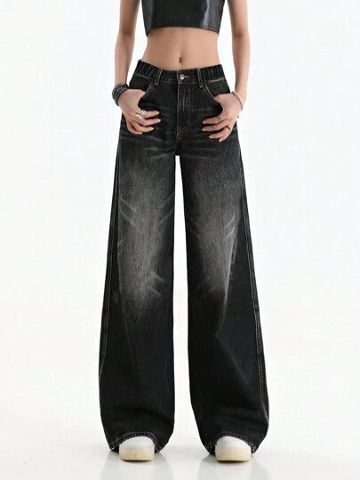 بناطيل جينز واسعة باللون الأسود أنيقة وكاجول للفتيات المراهقات، طول طويل ، أسلوب جينز مغسول