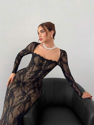 Aloruh فستان أسود طويل صالح للحفلات/المناسبات/الحفلات النسائي جديد لفصل الخريف/الشتاء، ذو أكمام طويلة وياقة من الدانتيل، بشكل مضيق وقبة، بطول كامل الأرض