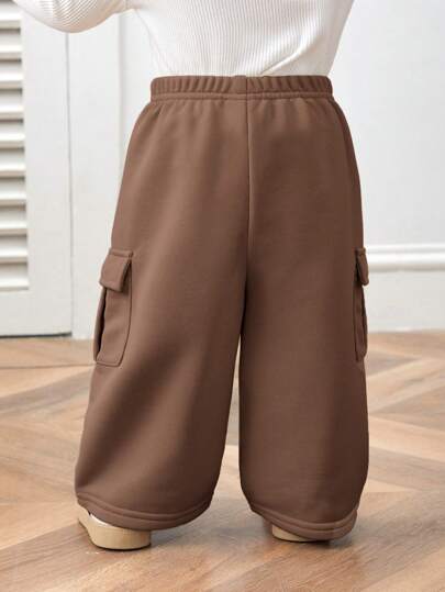 SHEIN بنطلون مريح مستقيم من البرمة، بجيوب قصاصات للأطفال الصغار، بنمط كوري عادي، ملائم للأطفال الصغار