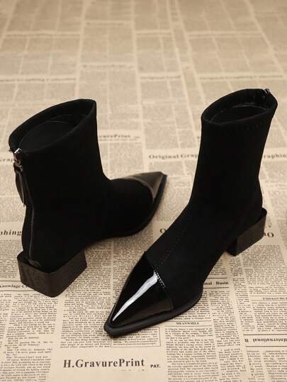 بوت الكاحل ذات الكعب العالي بفتحة في الأمام للنساء، جزمات مرنة، جزمات قصيرة ذات كعب سميك، جزمات جوارب رفيعة، موديلات جديدة لربيع وخريف