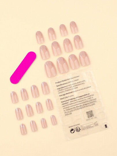 24 قطعة من أظافر الاكريليك الزائفة بشكل بيضاوي قصير محايد ، تأثير البريق الذهبي التدريجي ، مجموعة أظافر للمناسبات اليومية ، تشمل 1 ورقة من ألسرعة اللاصقة و 1 منشار أظافر صغير