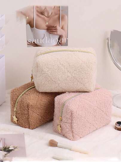 قطعة واحدة حقيبة مكياج كبيرة سعة كبيرة بتصميم معين بنسيج ناعم ولين، قابلة للحمل ومتعددة الاستخدامات لتنظيم أدوات المكياج مثل أقلام الشفاه، أقلام الحواجب، المرايا، المشط، مستحضرات العناية بالبشرة، فرش المكياج مناسبة للسفر والحفلات والتسوق