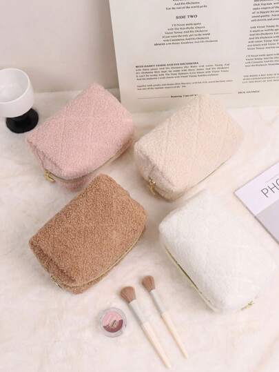 قطعة واحدة حقيبة مكياج كبيرة سعة كبيرة بتصميم معين بنسيج ناعم ولين، قابلة للحمل ومتعددة الاستخدامات لتنظيم أدوات المكياج مثل أقلام الشفاه، أقلام الحواجب، المرايا، المشط، مستحضرات العناية بالبشرة، فرش المكياج مناسبة للسفر والحفلات والتسوق