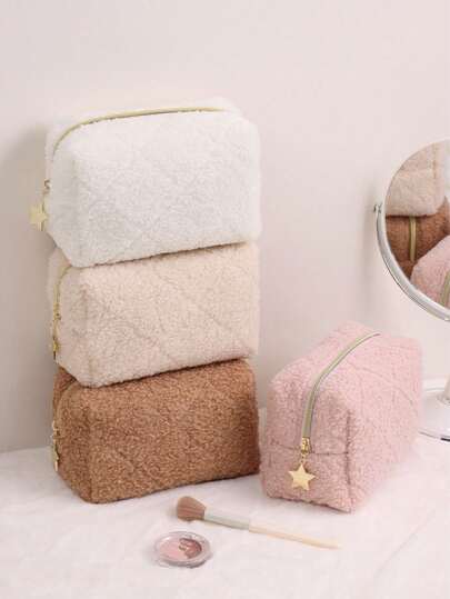 قطعة واحدة حقيبة مكياج كبيرة سعة كبيرة بتصميم معين بنسيج ناعم ولين، قابلة للحمل ومتعددة الاستخدامات لتنظيم أدوات المكياج مثل أقلام الشفاه، أقلام الحواجب، المرايا، المشط، مستحضرات العناية بالبشرة، فرش المكياج مناسبة للسفر والحفلات والتسوق