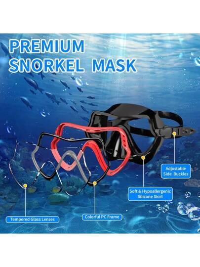 مجموعة واحدة من معدات الغوص بالشنطة للكبار، تتضمن قناع غوص وعصا استنشاق، نظارات مزدوجة من الزجاج المقسى للسباحة والغوص الصيفي عند الشاطئ