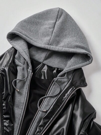 Manfinity Homme بدلة جاكيت كاجوال بأكمام طويلة ذات تفاصيل ملونة ومزيبر أمامي، جاكيت بغطاء رأس ومقسم بالألوان للعمل والدراجات النارية بطراز أمريكي، هدية للأصدقاء والأزواج والحبيب