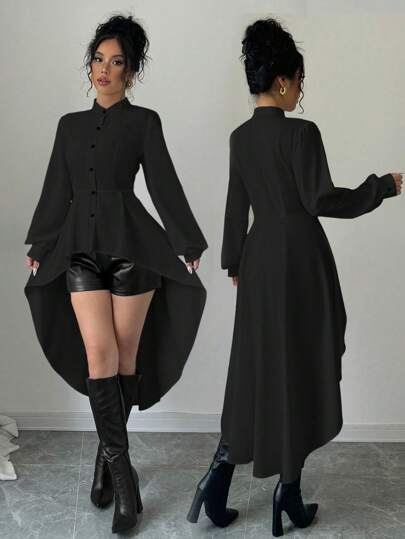 Elenzga فستان قميص طويل بياقة مفتوحة وأمامية عالية وواطية، بأكمام بنفحة وكشكش متدرج الطول