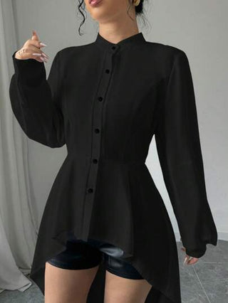 Elenzga فستان قميص طويل بياقة مفتوحة وأمامية عالية وواطية، بأكمام بنفحة وكشكش متدرج الطول