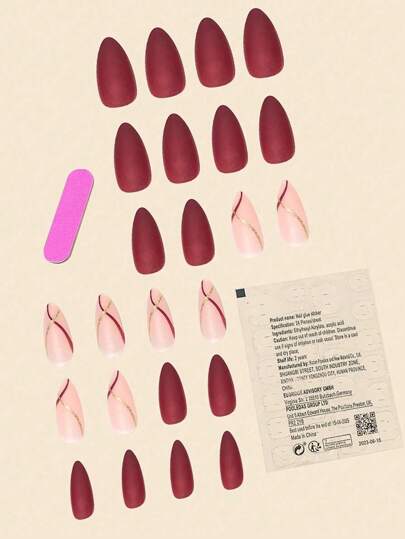 24 قطعة/مجموعة أطراف أظافر مكونة من ألوان سادة وخطوط ذهبية بتصميم لوز متوسط الطول. تشمل قطعة غراء هلامي وملف أظافر، مجموعة كاملة للمناكير والضغط على الأظافر