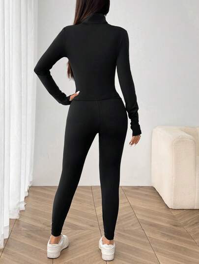 SHEIN EZwear مجموعة ملابس رياضية 3 قطع تتكون من كاردجان أسود مزرر بسحاب + بلوزة كامسول + بنطلون