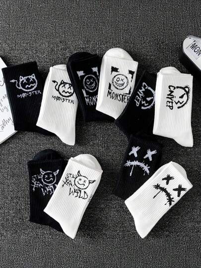 10/20 زوج من جوارب منتصف الساق للرجال بأساليب عشوائية من الرسوم الكرتونية الأسود والأبيض المحفورة، مريحة وقابلة للتهوية، جوارب الطاقم مناسبة للارتداء اليومي