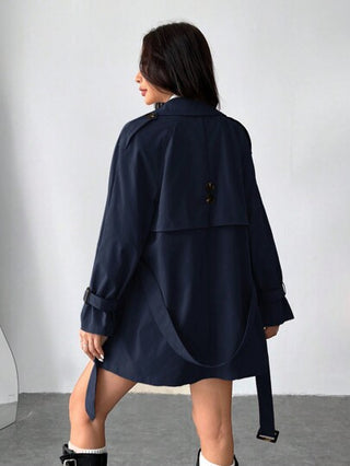 EZwear معطف بدلة طويل أزرار مزدوجة أكمام طويلة كاجوال للنساء ، ذو ياقة على شكل طوق، باللون الأحادي، موديل جديد للخريف