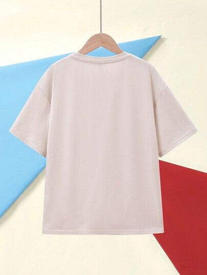 LOONEY TUNES X SHEIN بلوزة قطنية مرنة غير ضيقة للشباب بنقشات حرفية كرتونية لون المشمش، أكمام قصيرة ، ملائمة للصيف