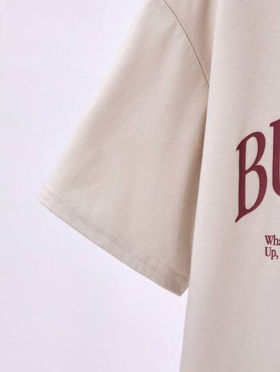 LOONEY TUNES X SHEIN بلوزة قطنية مرنة غير ضيقة للشباب بنقشات حرفية كرتونية لون المشمش، أكمام قصيرة ، ملائمة للصيف