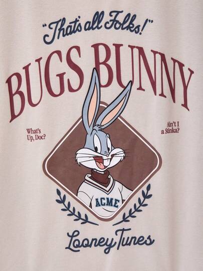 LOONEY TUNES X SHEIN بلوزة قطنية مرنة غير ضيقة للشباب بنقشات حرفية كرتونية لون المشمش، أكمام قصيرة ، ملائمة للصيف