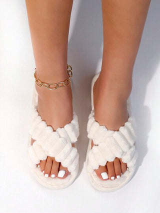 شباشب بيضاء ناعمة ومريحة بشريط عرض متشابك مخملي هشّ وناعم للنساء, نعل ضد الانزلاق لراحة أكبر على الأرضية في الغرفةرمضان