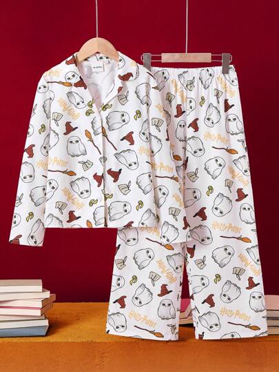 بيجاما HARRY POTTER X طقم بلوزة ذات ياقة مقلمة وبنطال لأجواء منزلية، ذو طبعة جميلة على البوم الكرتوني للفتيات المراهقات، متسام للاشتعال، بيجامة شتوية