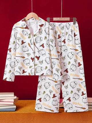 بيجاما HARRY POTTER X طقم بلوزة ذات ياقة مقلمة وبنطال لأجواء منزلية، ذو طبعة جميلة على البوم الكرتوني للفتيات المراهقات، متسام للاشتعال، بيجامة شتوية