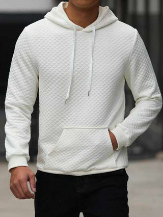 Manfinity Homme هودي طويل الأكمام بجيب بتصميم المانفينتي، قماش جاكارد من القطن ، أبيض اللون