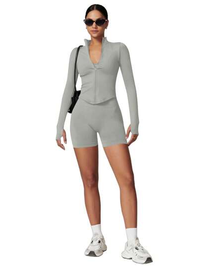 جاكيت مناسبة للياقة البدنية والرياضة للنساء ذات ياقة واقفة وسحاب طويلة الأكمام، مناسبة للرياضات اللياقة البدنية والحركات الخارجية، سريعة الجفاف، مثالية لارتداء التمارين في فصل الخريف