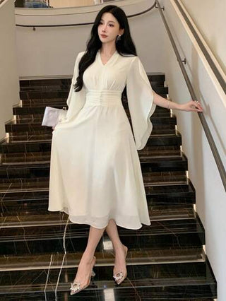 فساتين حريمي DAZY فستان جميل للنساء بياقة على شكل V وطيات من الشيفون متوسط الطول، مناسب لحضور حفلات الزفاف، فستان ربيعي/صيفي أنيق للحفلات