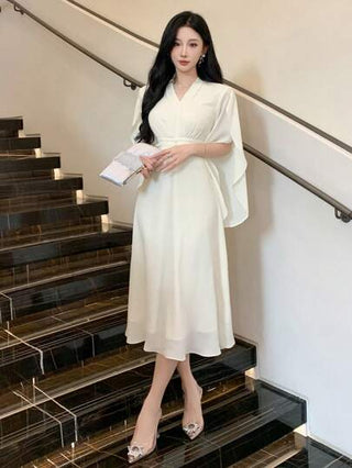 فساتين حريمي DAZY فستان جميل للنساء بياقة على شكل V وطيات من الشيفون متوسط الطول، مناسب لحضور حفلات الزفاف، فستان ربيعي/صيفي أنيق للحفلات