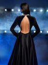 Glamrae فستان مخملي ذو ياقة عالية مطرز باللؤلؤ والماس مكشوف الظهر طويل الأكمام أسود أنيق ، من قطعتين ساتان وبتصميم فخم مناسب لحفلات العشاء وحفلات الخطوبة والزفاف الرسمية وحفلات الحصول على الشهادات
