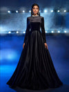 Glamrae فستان مخملي ذو ياقة عالية مطرز باللؤلؤ والماس مكشوف الظهر طويل الأكمام أسود أنيق ، من قطعتين ساتان وبتصميم فخم مناسب لحفلات العشاء وحفلات الخطوبة والزفاف الرسمية وحفلات الحصول على الشهادات