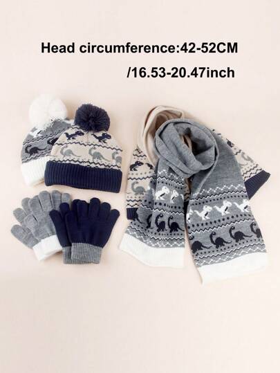 مجموعة من 4 قطع للأطفال الصغار: قبعة منسوجة برسوم ديناصورات، وشاح، وقفازات، إطلالة دافئة للاستخدام اليومي