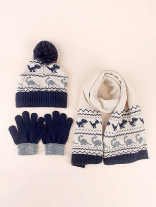 مجموعة من 4 قطع للأطفال الصغار: قبعة منسوجة برسوم ديناصورات، وشاح، وقفازات، إطلالة دافئة للاستخدام اليومي