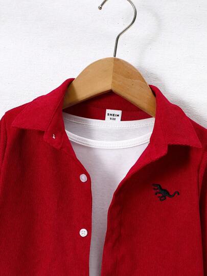 SHEIN قميص كاجوال يومي مطرز بالديناصور للأولاد، أزرار أمامية، خريف